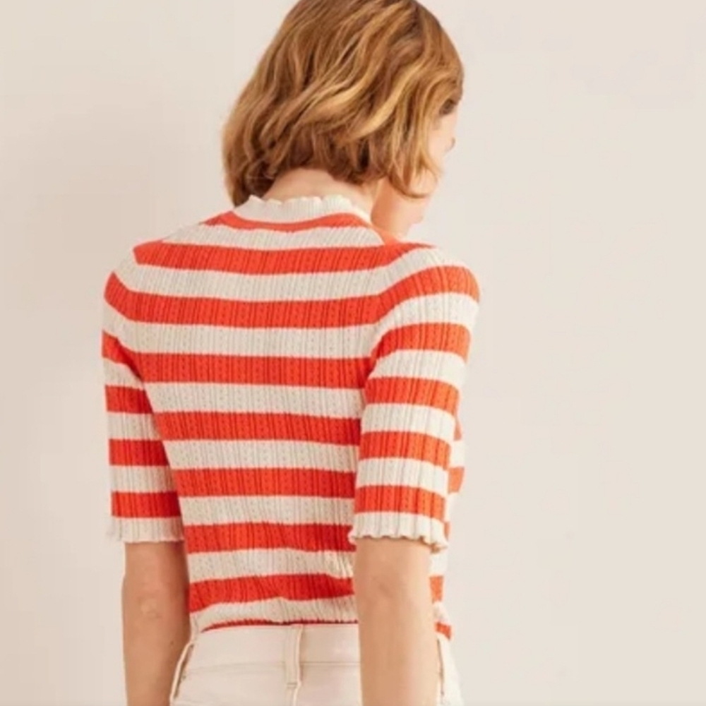 Boden Ribbed Pointelle Striped Stretch-Knit Short Sleeve Top XS - Picture 2 of 5